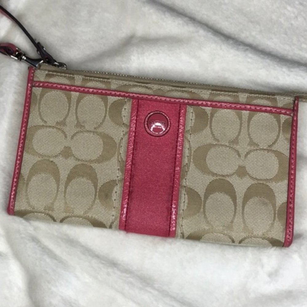 Tan & Hot Pink Coach Wristlet - large